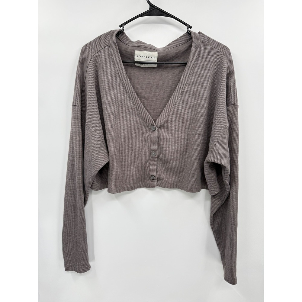 Aeropostale Medium Cropped Cardigan Womens Gray Waffle Knit V-Neck Button Up